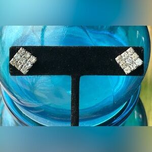 Vintage Square Rhinestone Silver Toned Pierced Earrings